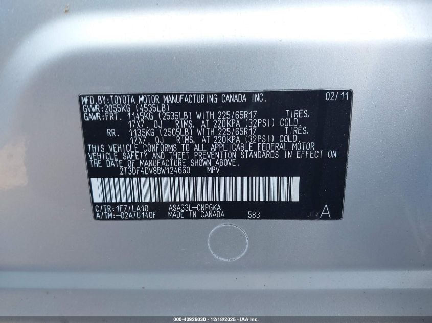 2011 Toyota Rav4 Limited VIN: 2T3DF4DV8BW124660 Lot: 43926030