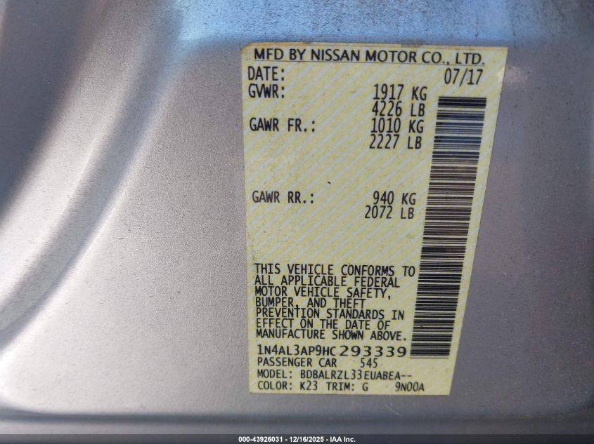 2017 Nissan Altima 2.5 Sl VIN: 1N4AL3AP9HC293339 Lot: 43926031