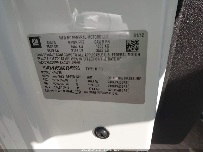 2012 Chevrolet Traverse 2Lt VIN: 1GNKVJED6CJ246696 Lot: 43926033