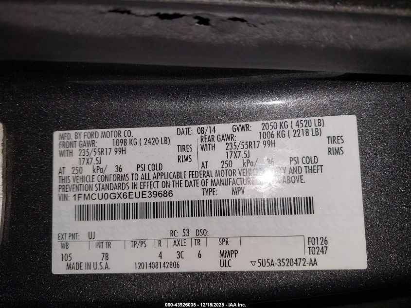 2014 Ford Escape Se VIN: 1FMCU0GX6EUE39686 Lot: 43926035