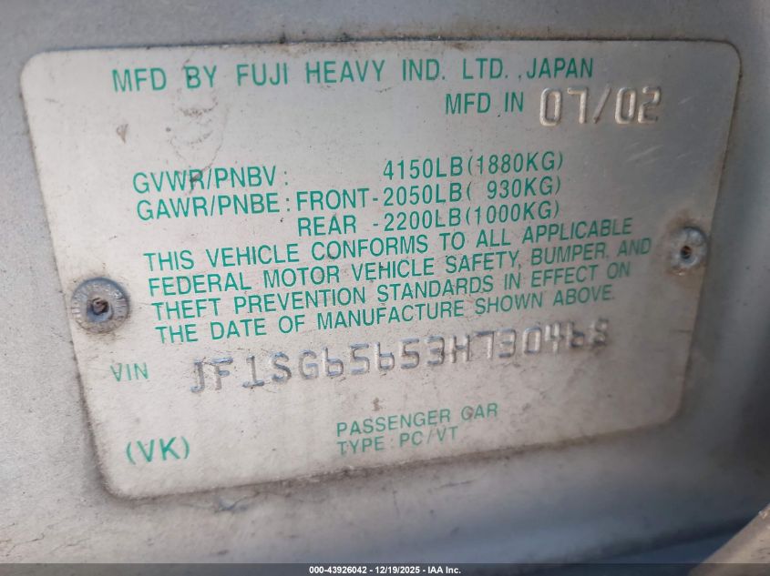 2003 Subaru Forester Xs VIN: JF1SG65653H730468 Lot: 43926042