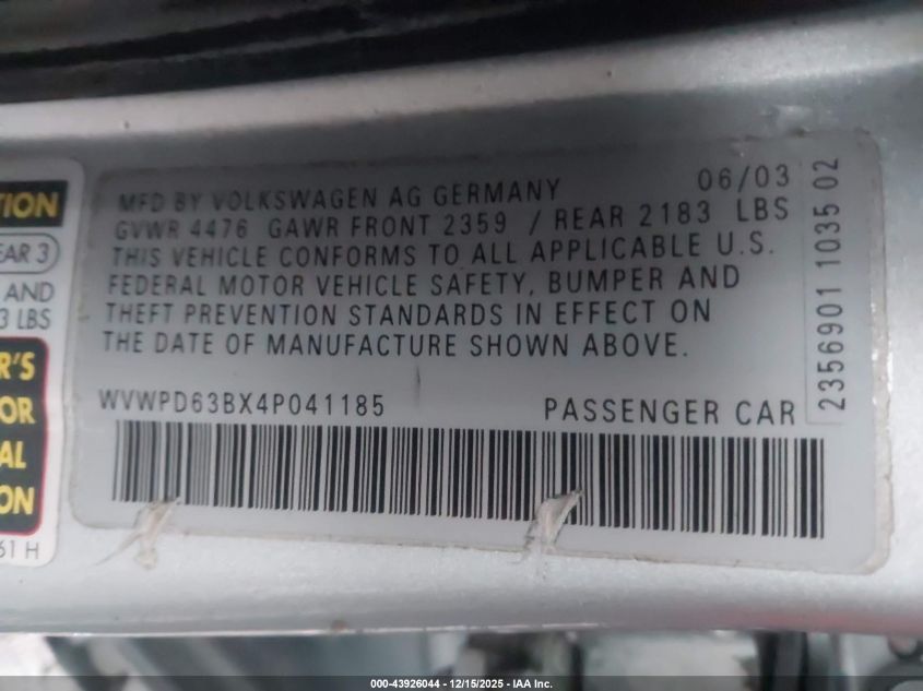 2004 Volkswagen Passat Gls VIN: WVWPD63BX4P041185 Lot: 43926044