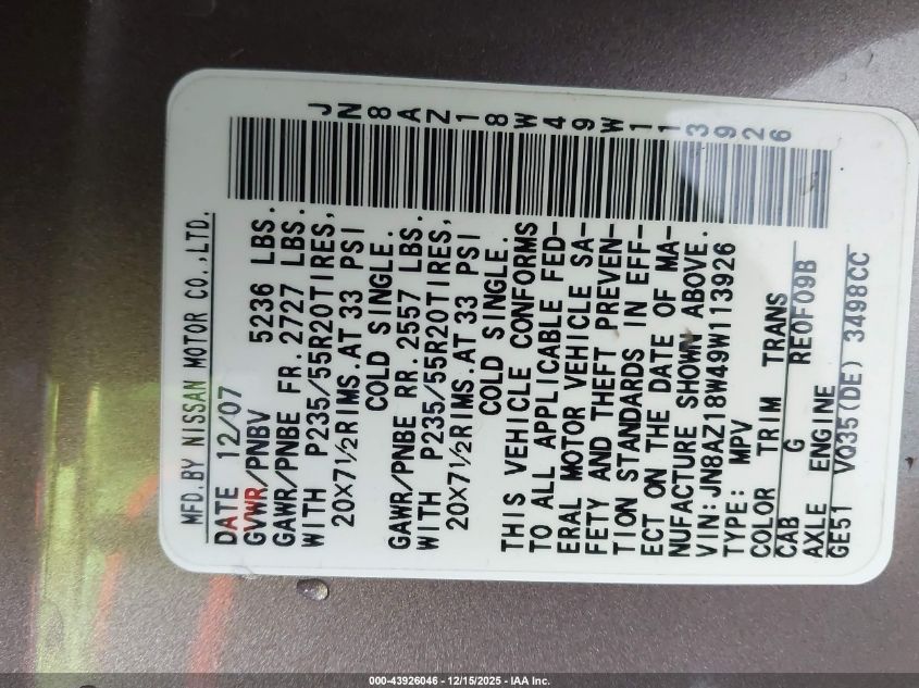 2009 Nissan Murano Le VIN: JN8AZ18W49W113926 Lot: 43926046