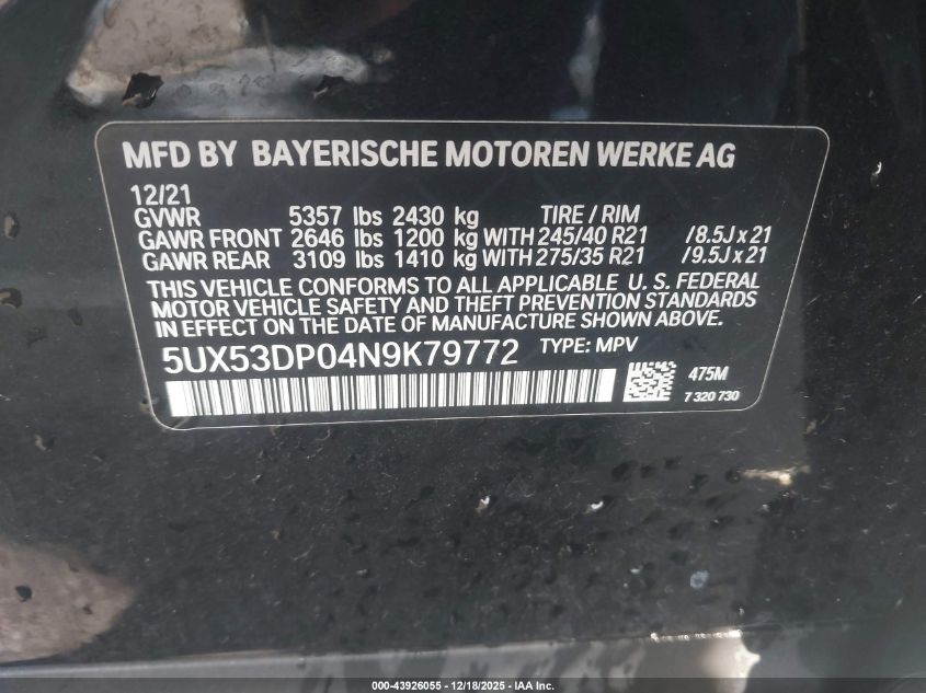 2022 BMW X3 xDrive30I VIN: 5UX53DP04N9K79772 Lot: 43926055