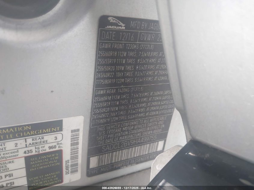 2017 Jaguar F-Pace 35T R-Sport VIN: SADCL2BV9HA499755 Lot: 43926059