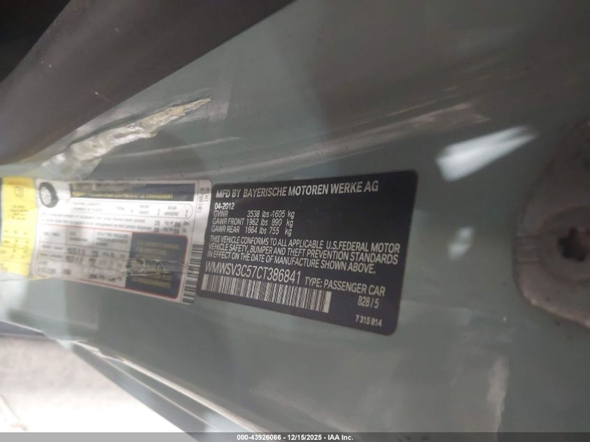 2012 Mini Cooper S VIN: WMWSV3C57CT386841 Lot: 43926066