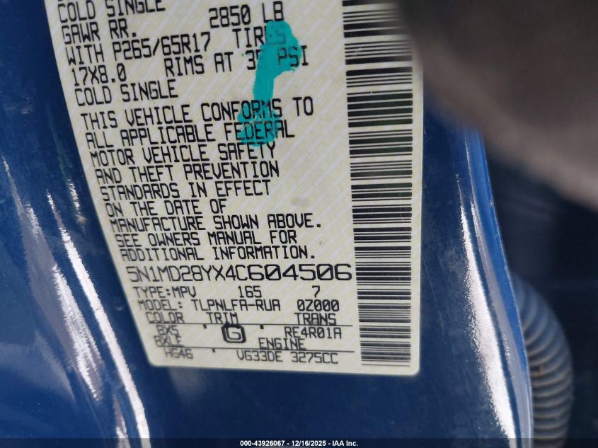 2004 Nissan Xterra Se S/C VIN: 5N1MD28YX4C604506 Lot: 43926067