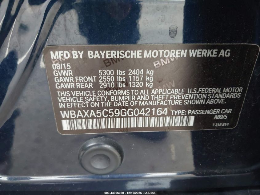 2016 BMW 535D VIN: WBAXA5C59GG042164 Lot: 43926080
