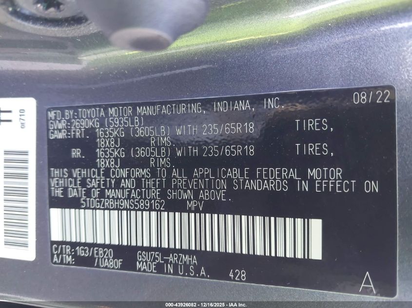 2022 Toyota Highlander Xle VIN: 5TDGZRBH9NS589162 Lot: 43926082