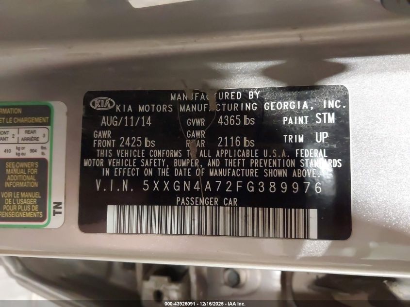 2015 Kia Optima Ex VIN: 5XXGN4A72FG389976 Lot: 43926091