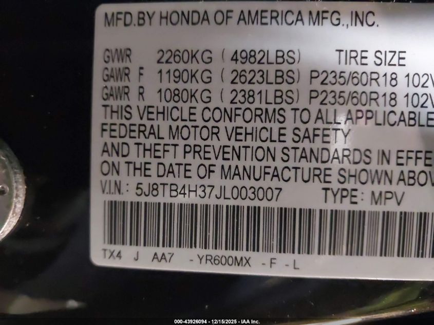 2018 Acura Rdx Acurawatch Plus Package VIN: 5J8TB4H37JL003007 Lot: 43926094