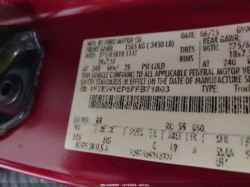 2015 Ford F-150 Xlt VIN: 1FTEW1EP5FFB71803 Lot: 43926098