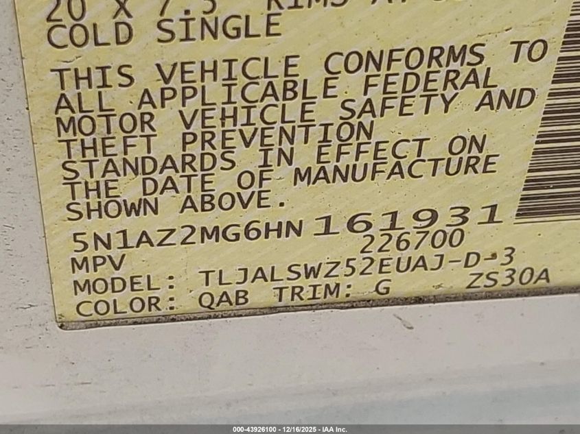 2017 Nissan Murano Platinum VIN: 5N1AZ2MG6HN161931 Lot: 43926100