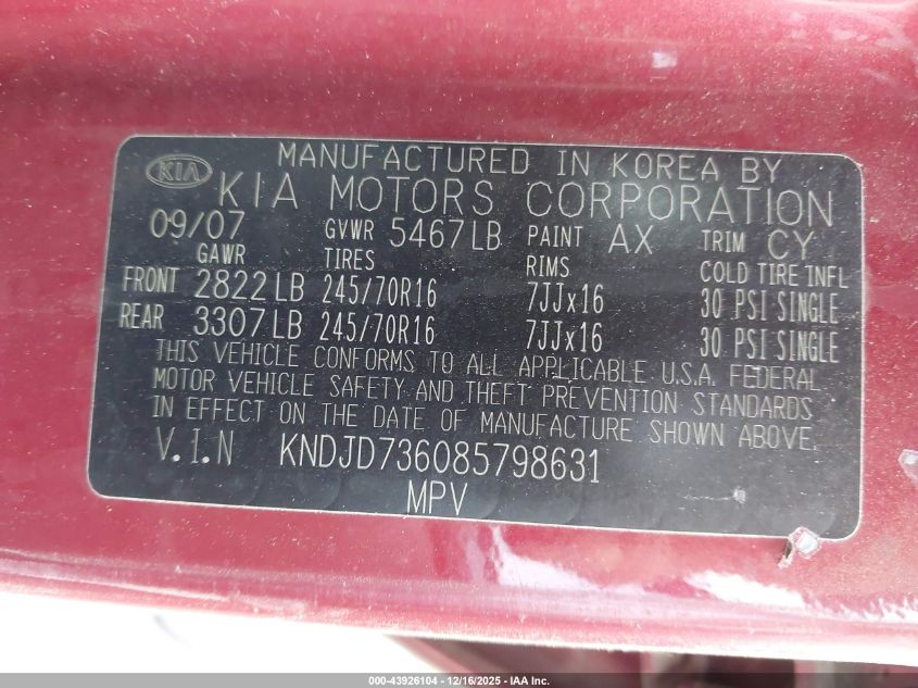 2008 Kia Sorento Ex VIN: KNDJD736085798631 Lot: 43926104