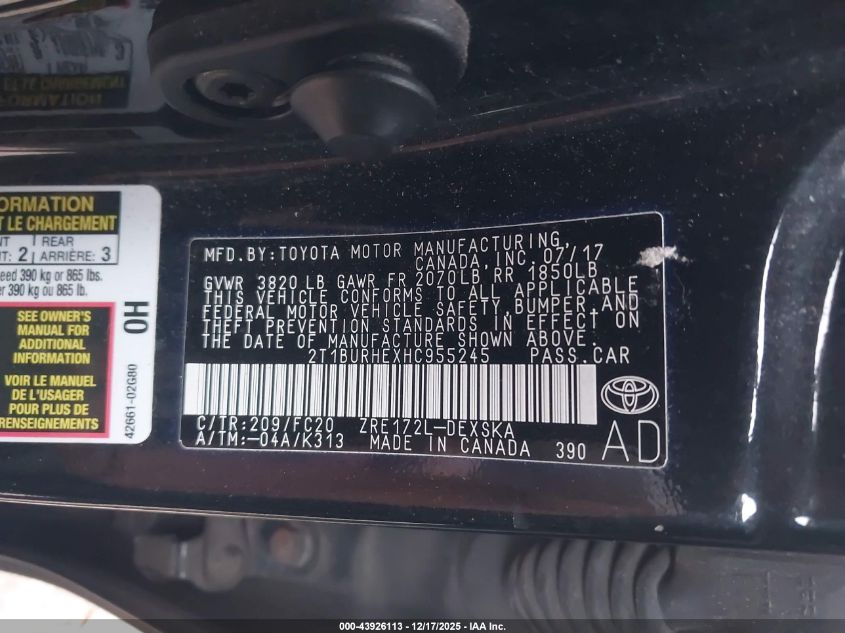 2017 Toyota Corolla Se VIN: 2T1BURHEXHC955245 Lot: 43926113