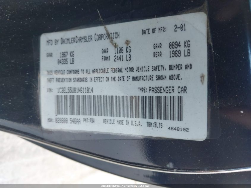 2001 Chrysler Sebring Lxi VIN: 1C3EL55U81N611814 Lot: 43926114