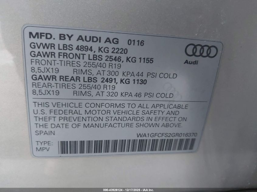 2016 Audi Q3 2.0T Premium Plus VIN: WA1GFCFS2GR016370 Lot: 43926124