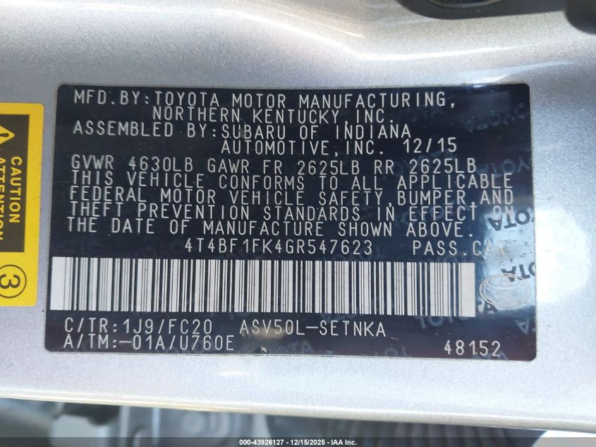 2016 Toyota Camry Le VIN: 4T4BF1FK4GR547623 Lot: 43926127