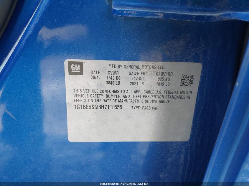 2017 Chevrolet Cruze Lt Auto VIN: 1G1BE5SM8H7110555 Lot: 43926130