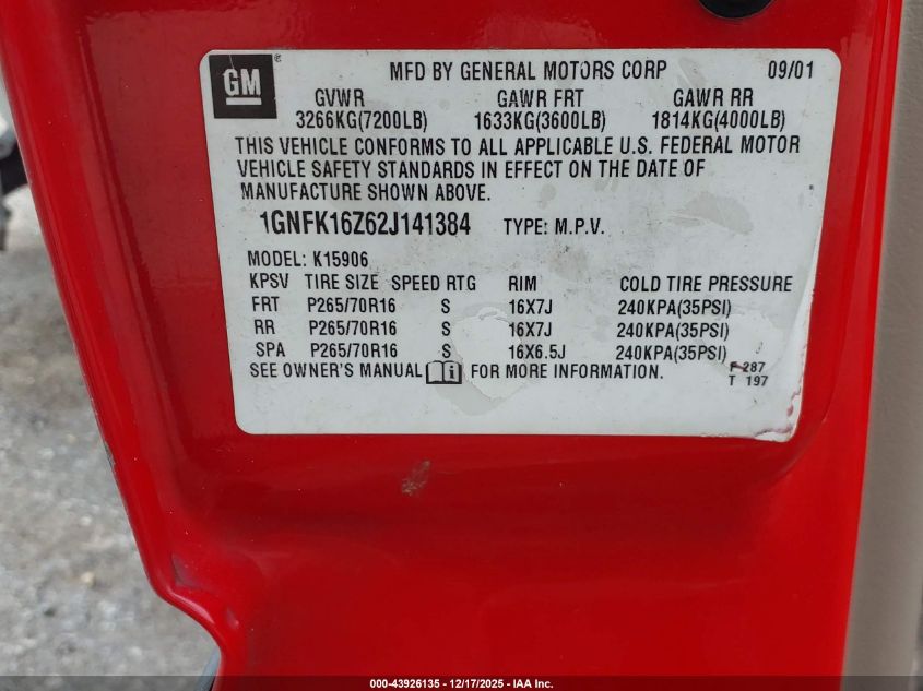 2002 Chevrolet Suburban 1500 Lt VIN: 1GNFK16Z62J141384 Lot: 43926135