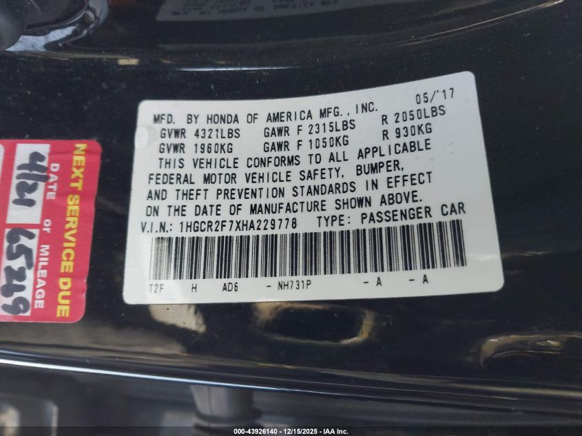 2017 Honda Accord Ex VIN: 1HGCR2F7XHA229778 Lot: 43926140