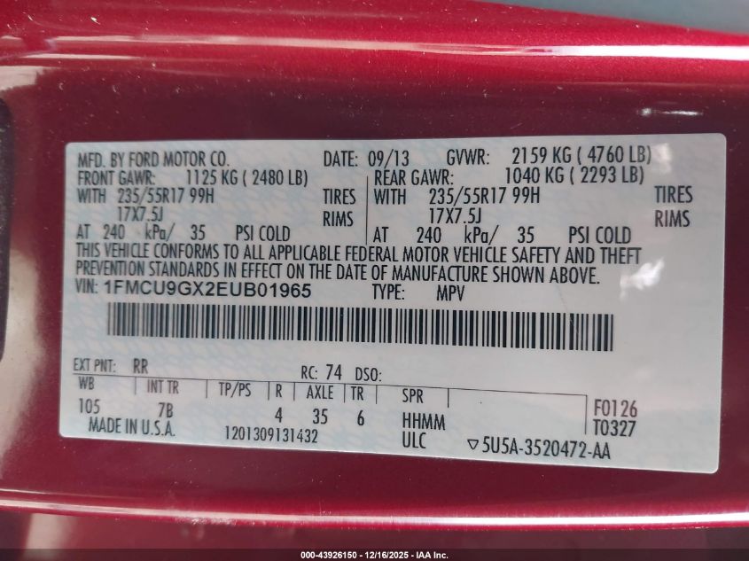 2014 Ford Escape Se VIN: 1FMCU9GX2EUB01965 Lot: 43926150