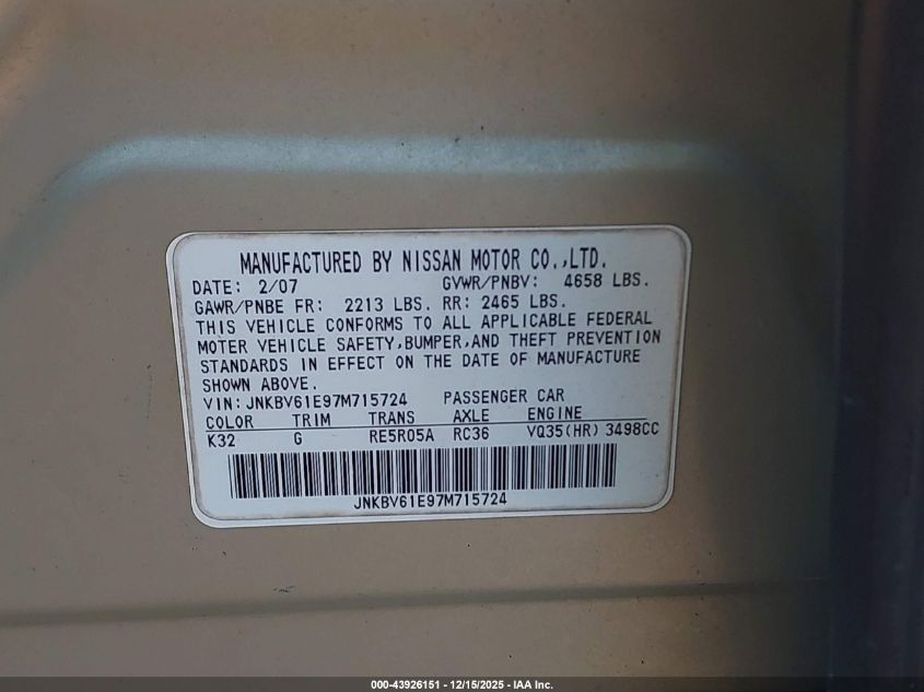 2007 Infiniti G35 Journey VIN: JNKBV61E97M715724 Lot: 43926151