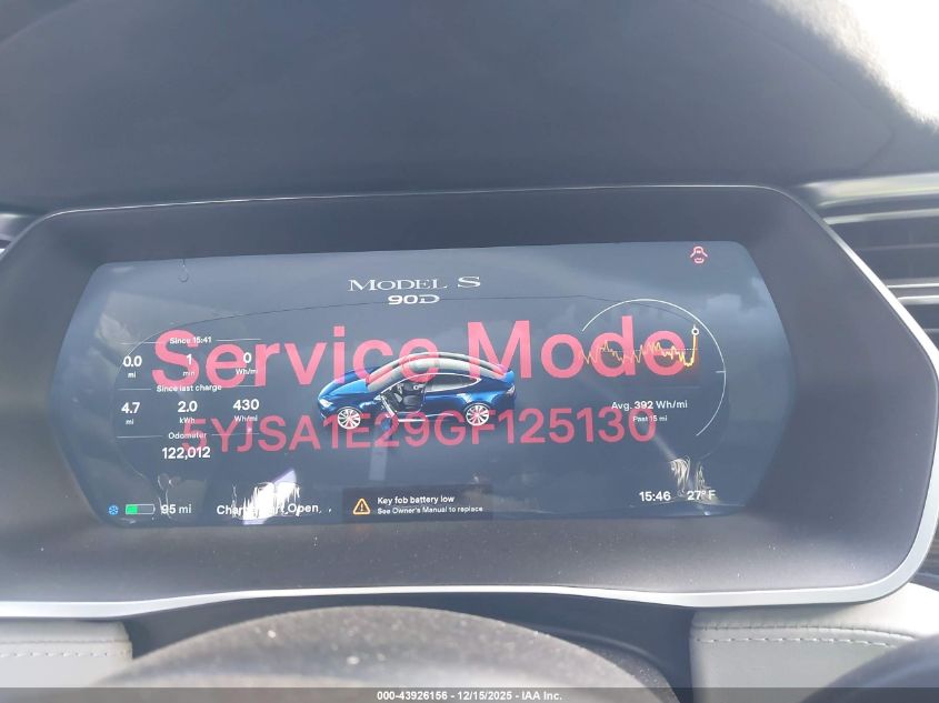 2016 Tesla Model S 60D/70D/75D/85D/90D VIN: 5YJSA1E29GF125130 Lot: 43926156