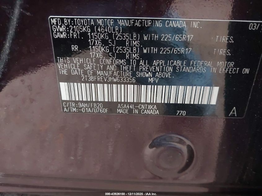 2017 Toyota Rav4 Le VIN: 2T3BFREV3HW633356 Lot: 43926158