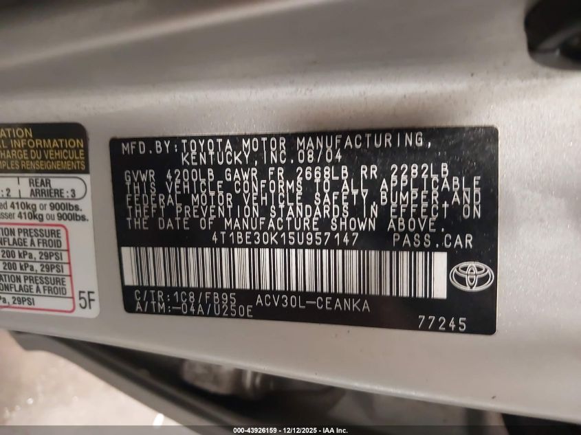 2005 Toyota Camry Le VIN: 4T1BE30K15U957147 Lot: 43926159