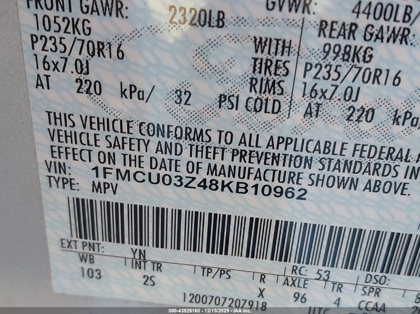 2008 Ford Escape Xlt VIN: 1FMCU03Z48KB10962 Lot: 43926160