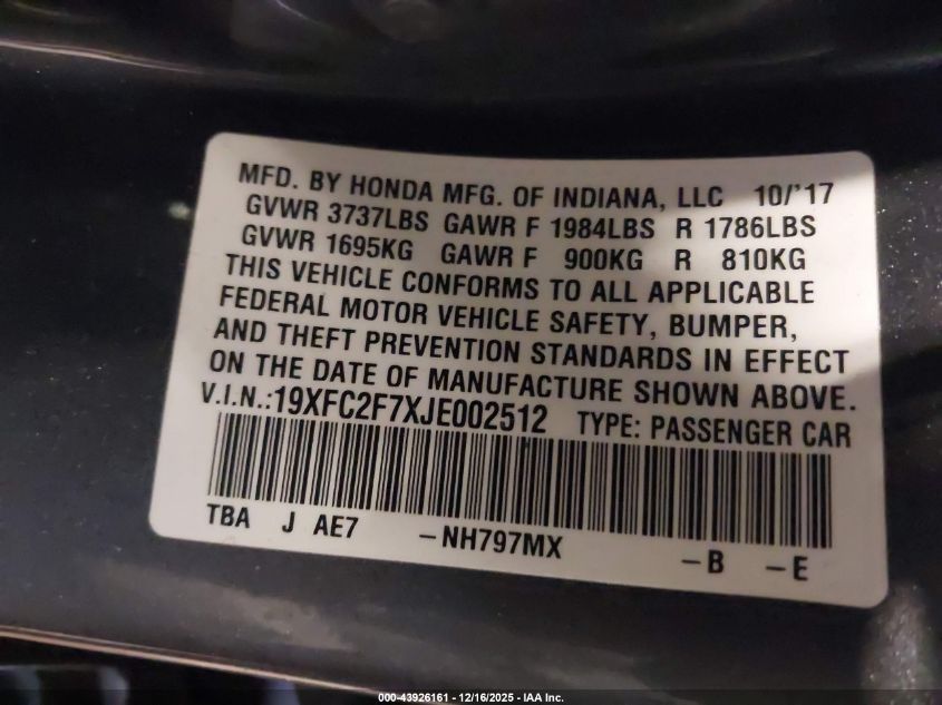 2018 Honda Civic Ex VIN: 19XFC2F7XJE002512 Lot: 43926161
