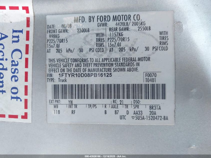 2008 Ford Ranger Xl/Xlt VIN: 1FTYR10D08PB16125 Lot: 43926166