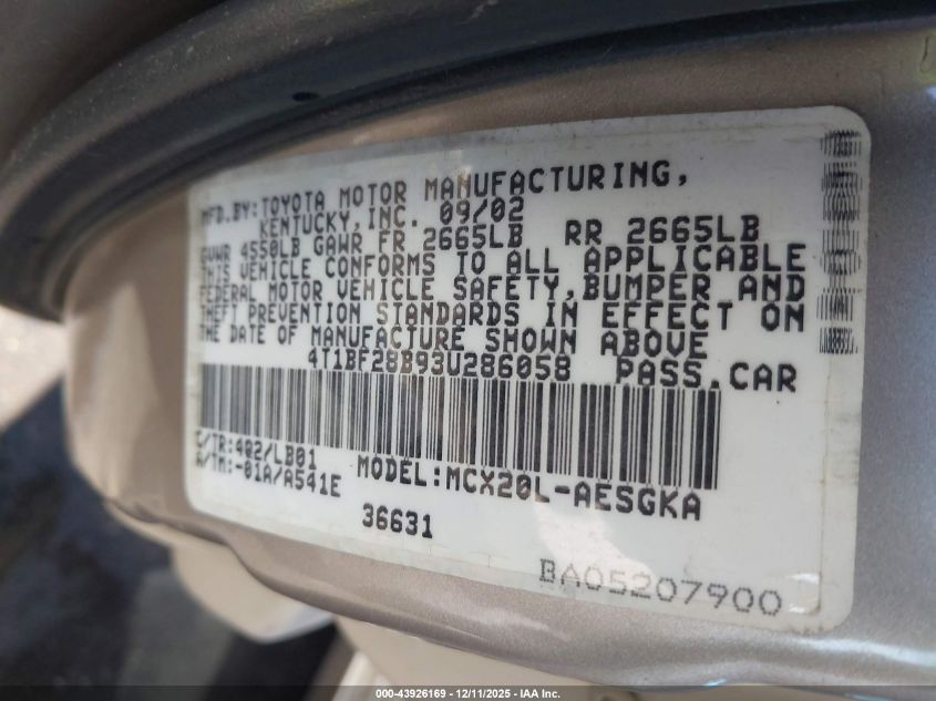 2003 Toyota Avalon Xls VIN: 4T1BF28B93U286058 Lot: 43926169