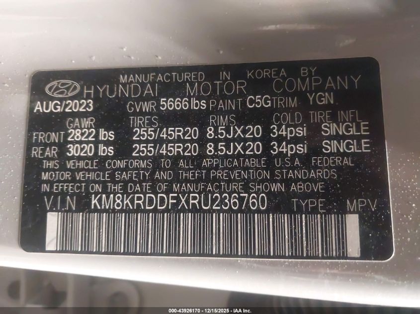 2024 Hyundai Ioniq 5 Limited VIN: KM8KRDDFXRU236760 Lot: 43926170
