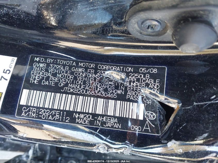 2008 Toyota Prius VIN: JTDKB20U683430465 Lot: 43926174