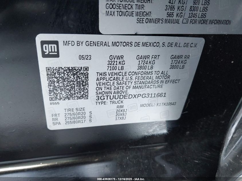 2023 GMC Sierra 1500 VIN: 3GTUUDEDXPG311661 Lot: 43926175