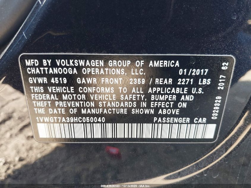 2017 Volkswagen Passat 1.8T Se VIN: 1VWGT7A39HC050040 Lot: 43926183