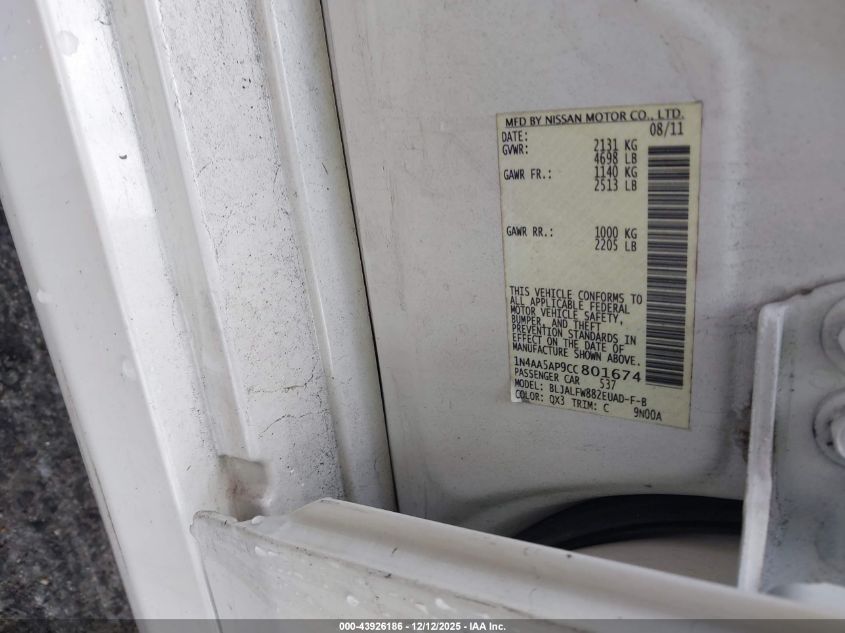 2012 Nissan Maxima 3.5 Sv VIN: 1N4AA5AP9CC801674 Lot: 43926186