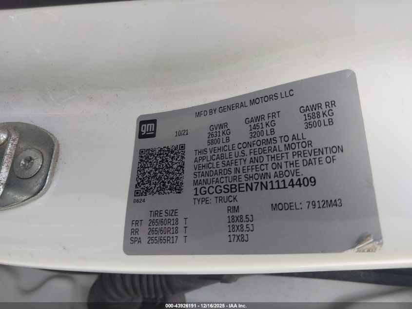 2022 Chevrolet Colorado 2Wd Short Box Wt VIN: 1GCGSBEN7N1114409 Lot: 43926191