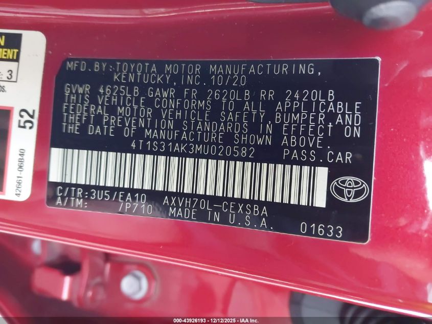 2021 Toyota Camry Se Hybrid VIN: 4T1S31AK3MU020582 Lot: 43926193