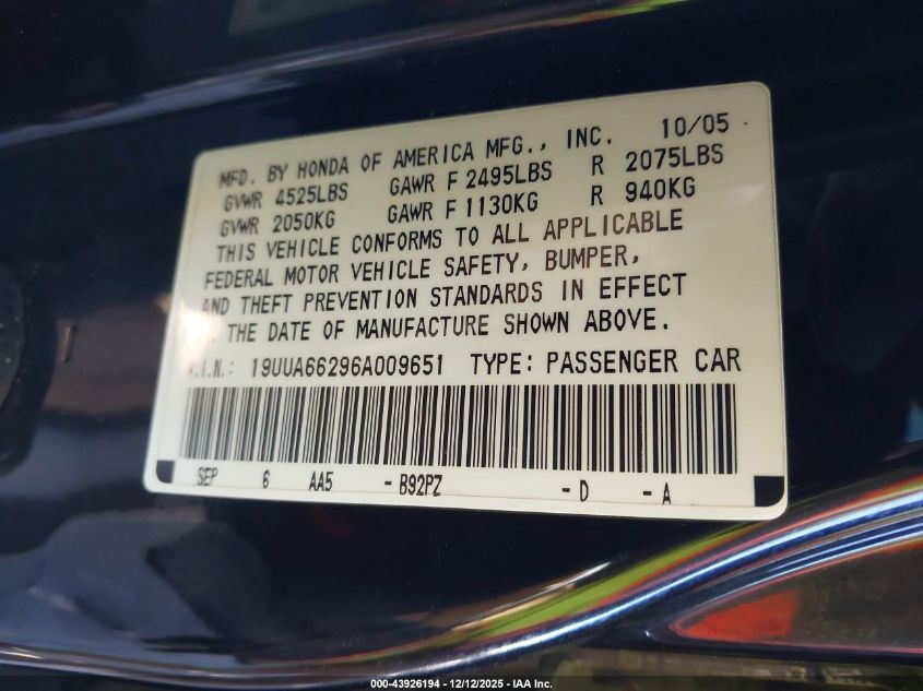 2006 Acura Tl VIN: 19UUA66296A009651 Lot: 43926194