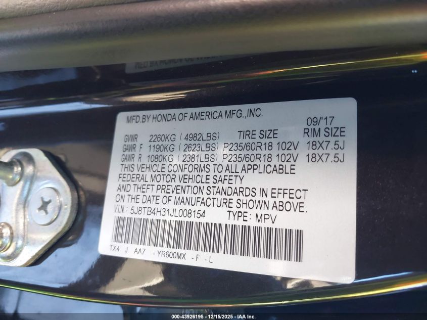 2018 Acura Rdx Acurawatch Plus Package VIN: 5J8TB4H31JL008154 Lot: 43926195
