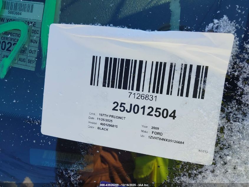 2009 Ford Mustang V6/V6 Premium VIN: 1ZVHT84NX95126684 Lot: 43926209