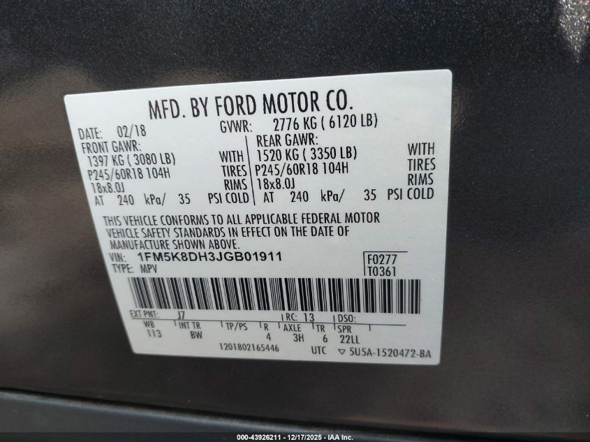 2018 Ford Explorer Xlt VIN: 1FM5K8DH3JGB01911 Lot: 43926211