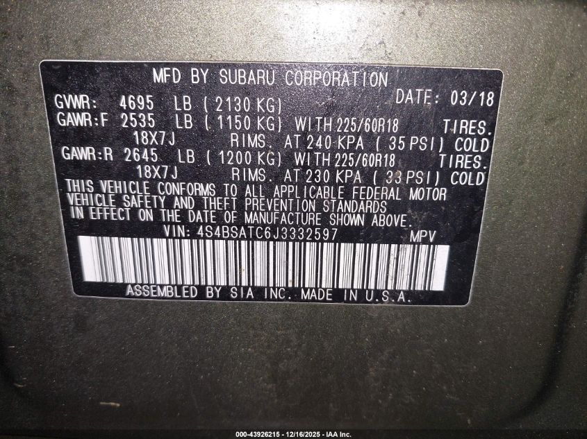 2018 Subaru Outback 2.5I Touring VIN: 4S4BSATC6J3332597 Lot: 43926215