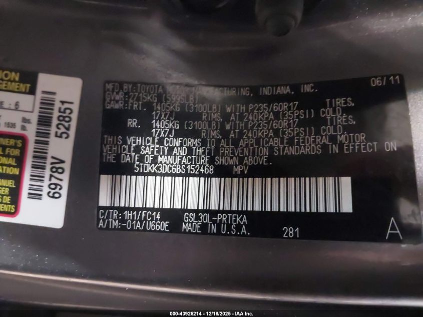 2011 Toyota Sienna Le V6 VIN: 5TDKK3DC6BS152468 Lot: 43926214