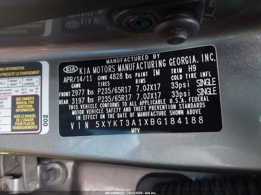 2011 Kia Sorento Lx VIN: 5XYKT3A1XBG184188 Lot: 43926223