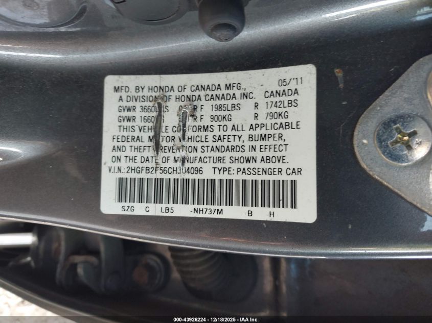 2012 Honda Civic Lx VIN: 2HGFB2F56CH304096 Lot: 43926224