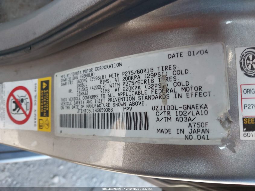 2004 Toyota Land Cruiser VIN: JTEHT05J142059088 Lot: 43926228